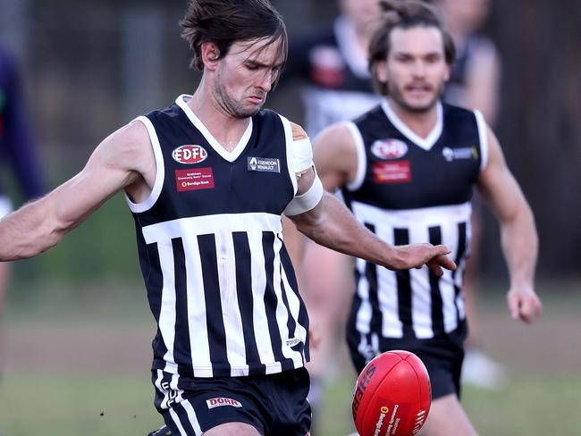 Braden Padmore of Moonee Valley kicks in to attack during the EDFL football match between Moonee Valley and the Northern Saints played at  Pattison St Moonee Ponds on  Saturday 13th July, 2019.