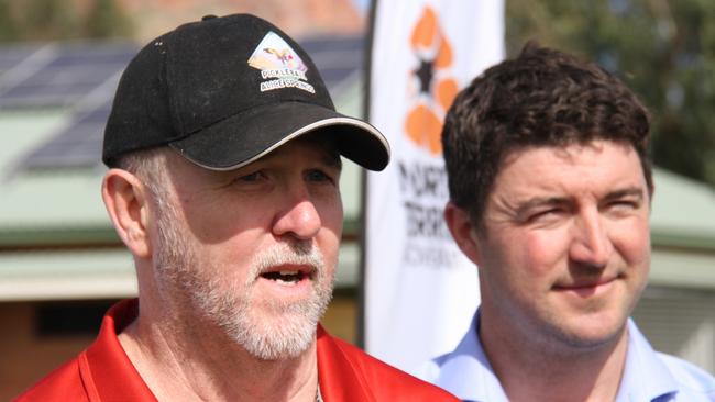 Pickleball Alice Springs founder Greg Clark with NT planning minister Josh Burgoyne at Albrecht Oval, Larapinta, Alice Springs, May 2, 2025. Picture: Gera Kazakov