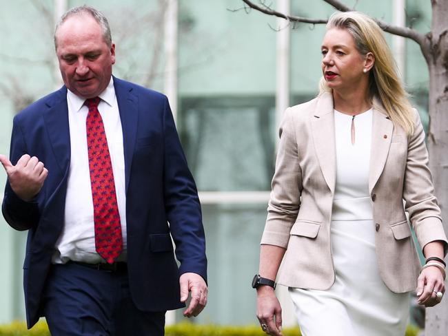 (L-R) Deputy Leader of the Nationals David Littleproud, Newly-elected Nationals Leader Barnaby Joyce and Leader of the Nationals in the Senate Bridget McKenzie arrive to speak to the media during a press conference at Parliament House in Canberra, Monday, June 21, 2021. Barnaby Joyce will return as leader of the Nationals after defeating Michael McCormack in a Nationals leadership spill. (AAP Image/Lukas Coch) NO ARCHIVING