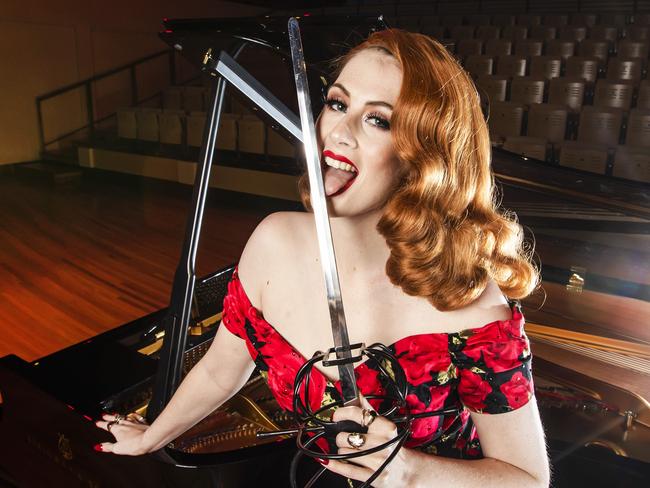 Courier Mail announcing GP tickets on sale and program for QPAC Unlocked.Sword swallower Jacqueline Furey.Picture: NIGEL HALLETT