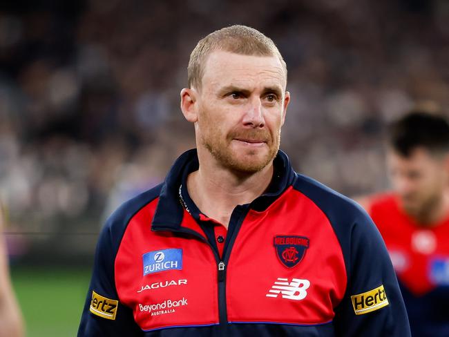 MELBOURNE, AUSTRALIA - SEPTEMBER 15: Simon Goodwin, Senior Coach of the Demons looks dejected after a loss  during the 2023 AFL First Semi Final match between the Melbourne Demons and the Carlton Blues at Melbourne Cricket Ground on September 15, 2023 in Melbourne, Australia. (Photo by Dylan Burns/AFL Photos via Getty Images)