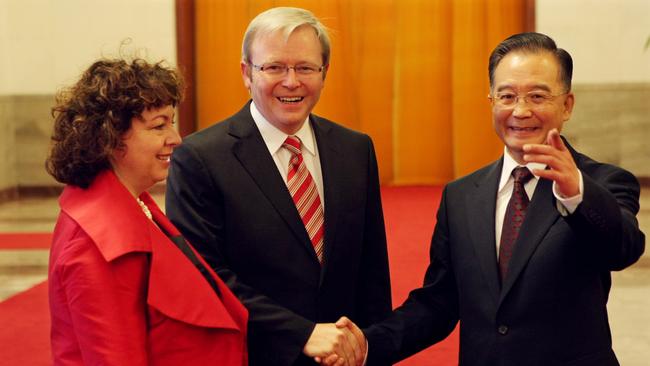 Therese Rein and Kevin Rudd are greeted by Chinese premier Wen Jiabao in Beijing in 2008.