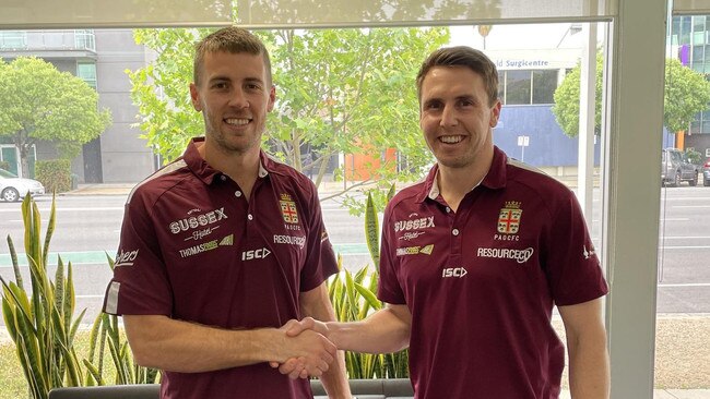 Prince Alfred Old Collegians star Chris Curran (left) with Old Reds playing coach Craig Pitt. Picture: Prince Alfred Old Collegians Football Club