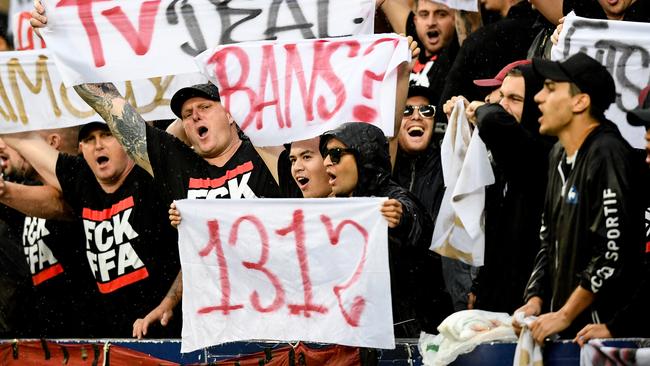 Fans in the Red and Black Bloc at Allianz Stadium on Sunday.