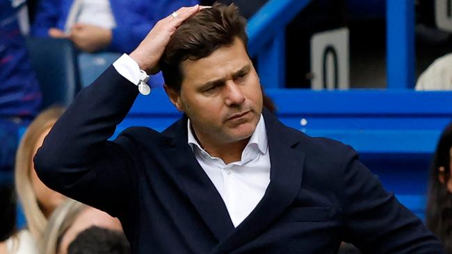 Chelsea's Argentinian head coach Mauricio Pochettino looks on during the English Premier League football match between Chelsea and Aston Villa at Stamford Bridge in London on September 24, 2023. (Photo by Ian Kington / AFP) / RESTRICTED TO EDITORIAL USE. No use with unauthorized audio, video, data, fixture lists, club/league logos or 'live' services. Online in-match use limited to 120 images. An additional 40 images may be used in extra time. No video emulation. Social media in-match use limited to 120 images. An additional 40 images may be used in extra time. No use in betting publications, games or single club/league/player publications. /