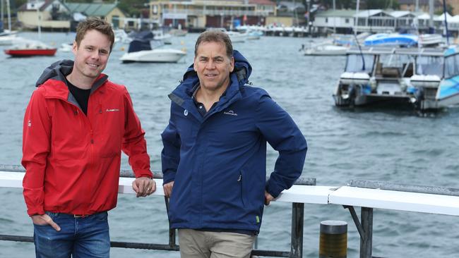 Hugh Treseder, left, with one of Floatspace’s investors, Mike Ford, at Manly Wharf in Sydney. Picture: Britta Campion