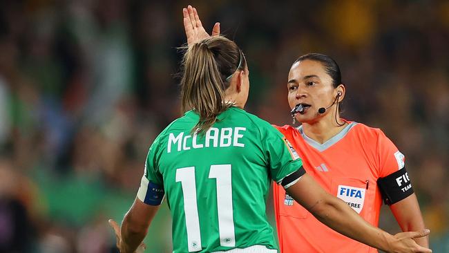 Ireland captain Katie McCabe protests to the referee during the Women's World Cup match against Australia. Picture: Getty Images