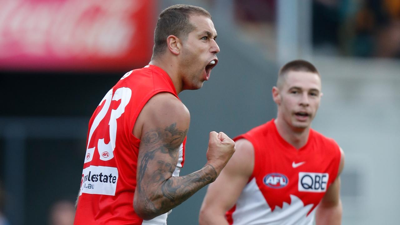 Lance Franklin celebrates a goal against his former side. Picture: Michael Willson/AFL Photos via Getty Images