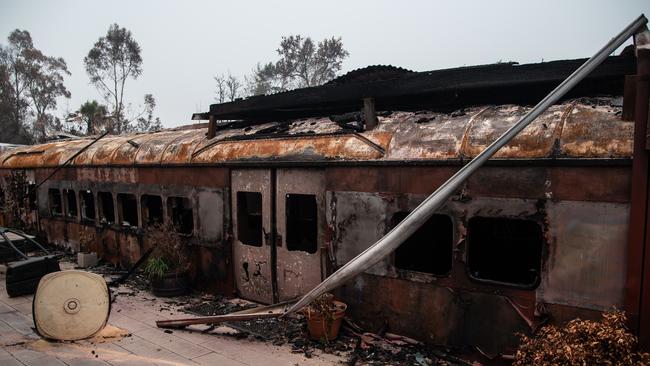 The remains of a burnt-out train carriage which used to be a cafe in Cobargo, on January 16, 2020. Picture: AAP Image/James Gourley