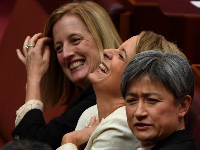 Senator Katy Gallagher, Senator Kristina Keneally and Senator Penny Wong. Picture: AAP Image/Sam Mooy