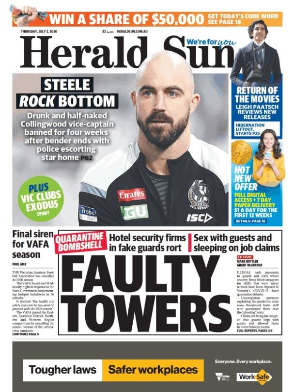Front page of the Herald Sun, Thursday. Download the digital print edition HERE