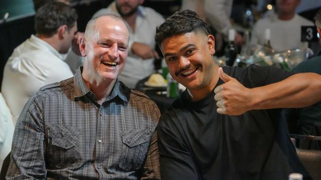 Michael Maguire and Latrell Mitchell in discussion at the 10-year reunion of the Rabbitohs' 2014 premiership win at Souths Juniors. Credit: Rabbitohs,