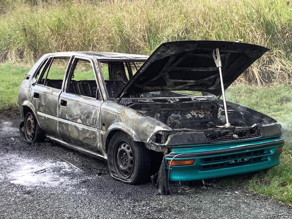 The Corolla was ablaze on the Bruce Highway on September 9, 2021. Picture: Queensland Police Service