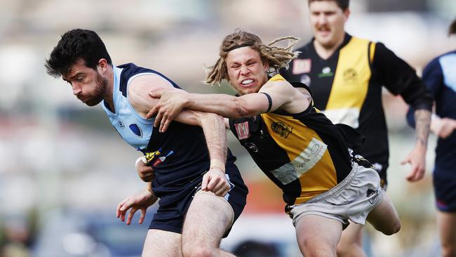 Hobart played in a senior elimination final just three years ago, pictured here Lindisfarne's Dane Bailey is tackled by Tigers’ Lachlan Plumber. Picture: Zak Simmonds