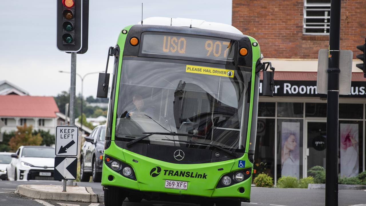 A TransLink Bus Queensland bus is driven on a Toowoomba CBD street. Picture: Kevin Farmer