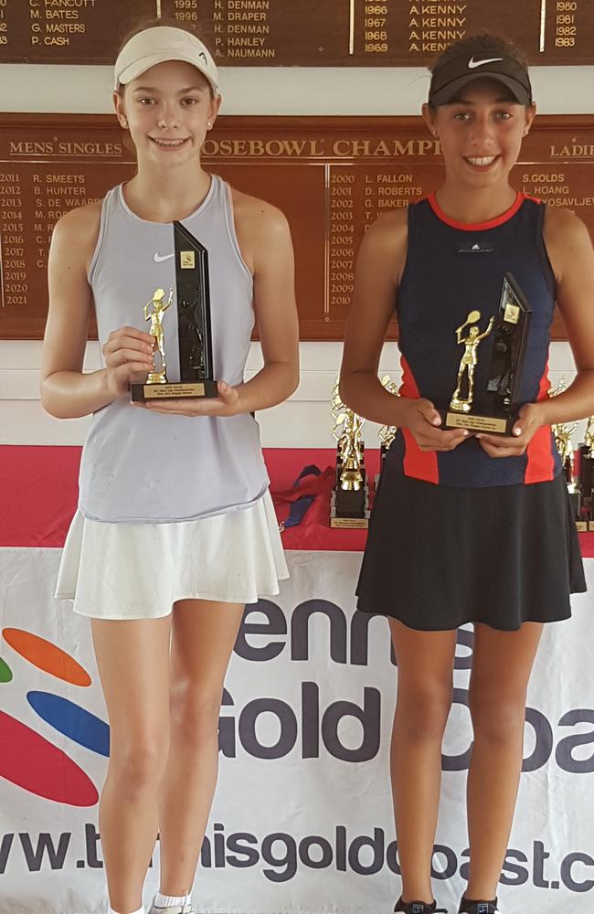 Tennis action from the 2020 Volkl Gold Coast Junior Championships. 12 & Under Girls Singles Winner Alize Yarwood, Runner-up Jovana Petrovic
