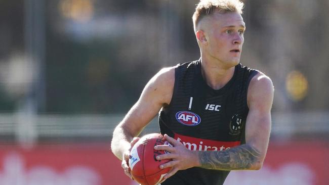 Jaidyn Stephenson in action at Collingwood training last week.