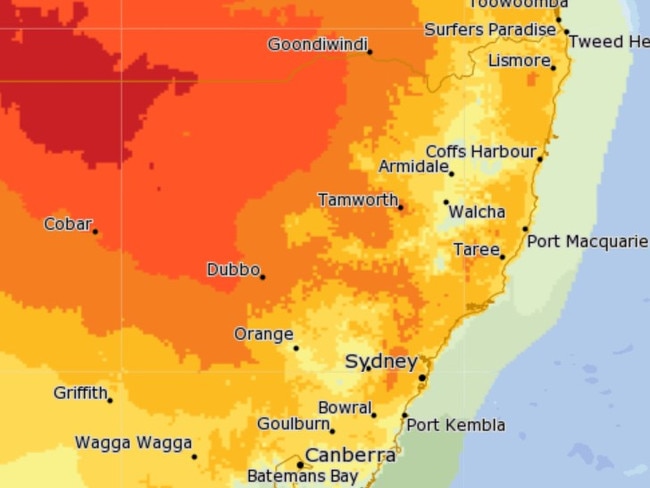 Temperatures across NSW will peak in the mid to high-30s today before rapidly falling up to 15 degrees. Picture: Bureau of Meteorology