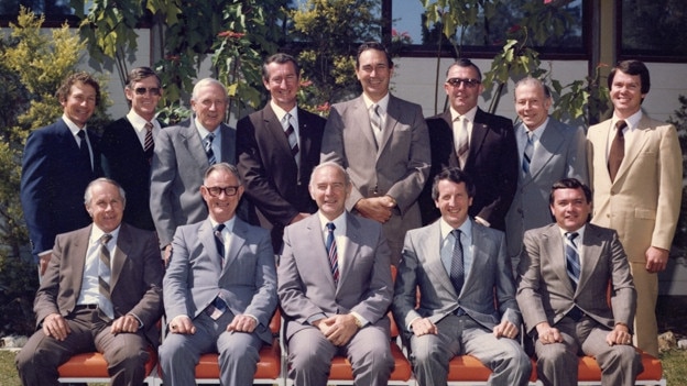 Albert Shire Council Councillors and officers, Nerang, Queensland 1982-1985. Back row L-R: Cr Colin Kleinschmidt, Len Anderson (Chief Health Surveyor), Ron Penhaligon (Shire engineer), Cr John Franklin, Cr John Handley, Cr Des Sailer, Kel Whitehouse (Shire Clerk), Cr Lindsay Roberts. Seated L-R: Cr Merv Craig, Cr Cec Clark (Deputy Chairman), Cr Bill Laver (Chairman), Cr Terry Morris, Cr Jim Ellison. (From the City of Gold Coast picture archive)