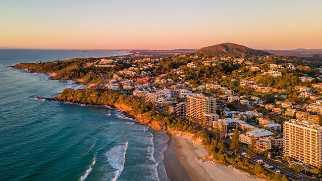 An aerial image of Coolum Beach, Sunshine Coast.