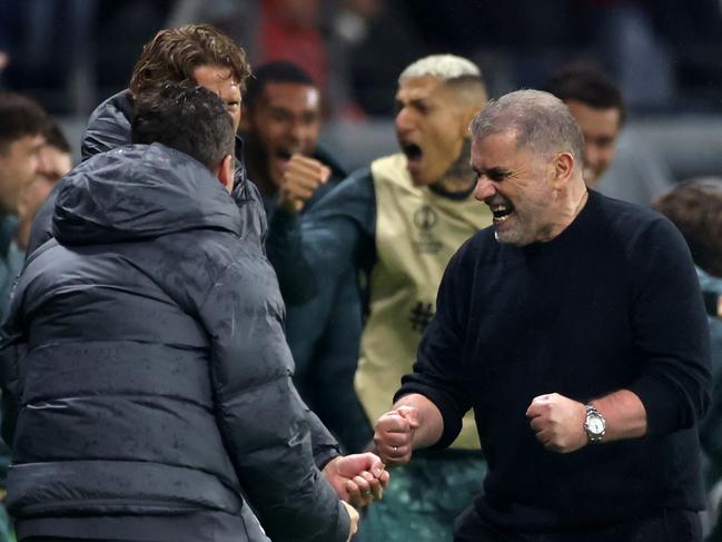 FRANKFURT AM MAIN, GERMANY - APRIL 17: Ange Postecoglou, Manager of Tottenham Hotspur, celebrates victory after the UEFA Europa League 2024/25 Quarter Final Second Leg match between Eintracht Frankfurt and Tottenham Hotspur at Deutsche Bank Park on April 17, 2025 in Frankfurt am Main, Germany. (Photo by Alex Grimm/Getty Images)