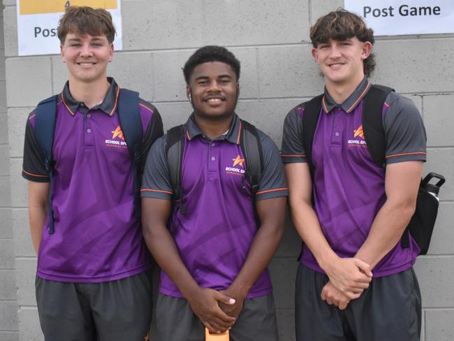 Sunshine Coast 14-15 years players Mitchel Van Dyke, Darius Birve and Zac Zeremus at the Queensland School Sport rugby league state championships at Marley Brown Oval, Gladstone, on May 17, 2025.