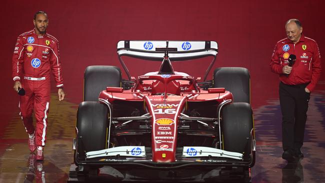 Happier times when Lewis Hamilton and Ferrari’s team principal Frederic Vasseur, unveiled the car for the 2025 season in February Picture: Getty Images