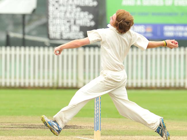 Manly's Jake Carden bowling. Fifth grade cricket Grand final between Penrith and Manly at Manly Oval