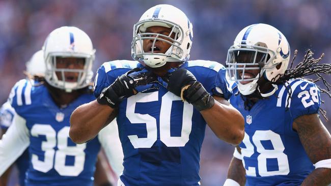 Jerrell Freeman celebrates after a defensive stop during the game against Cincinnati.