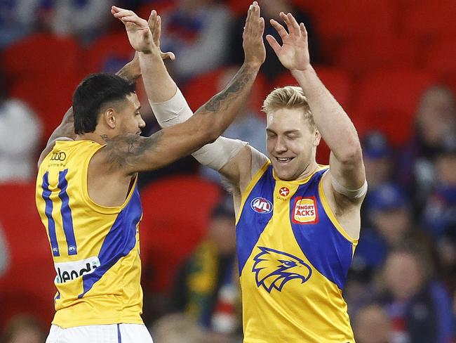 MELBOURNE, AUSTRALIA - AUGUST 20: Oscar Allen of the Eagles (R) celebrates with Tim Kelly of the Eagles after kicking a goal during the round 23 AFL match between Western Bulldogs and West Coast Eagles at Marvel Stadium, on August 20, 2023, in Melbourne, Australia. (Photo by Daniel Pockett/Getty Images)