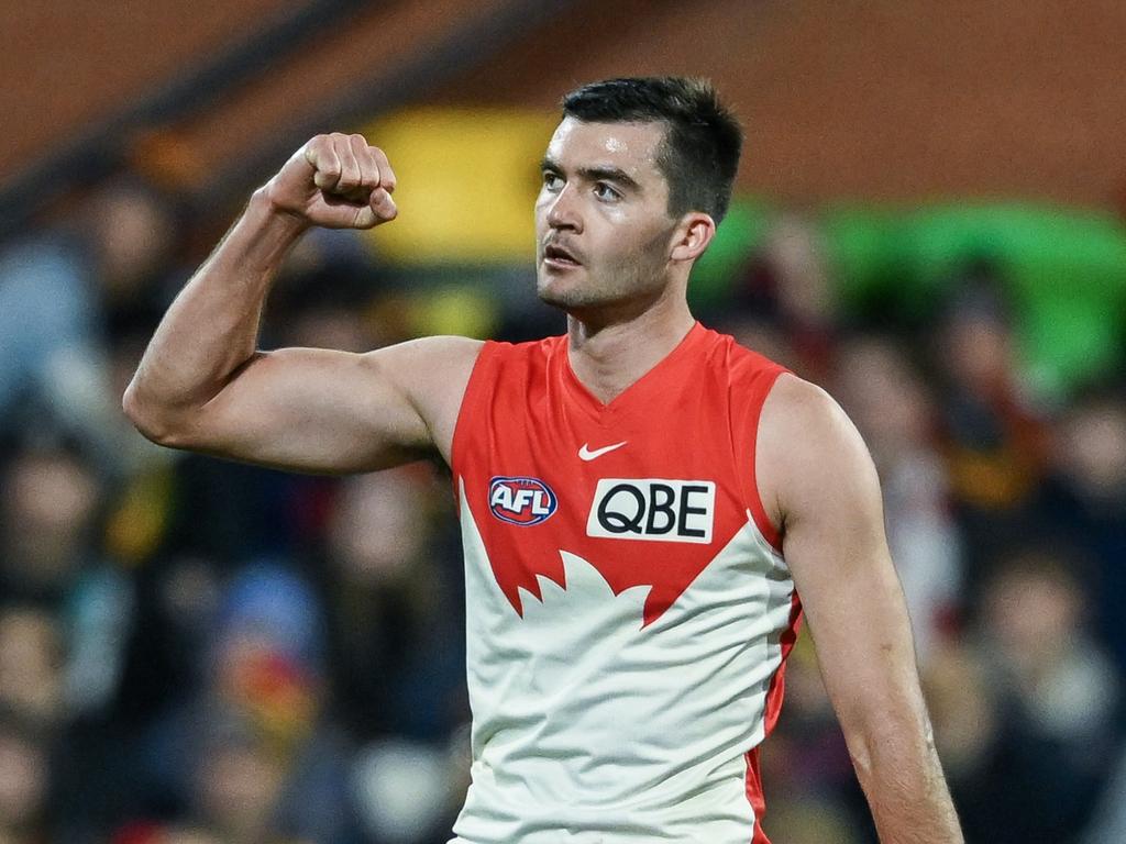 ADELAIDE, AUSTRALIA - JUNE 15: Logan McDonald of the Swans celebrates a goal during the round 14 AFL match between Adelaide Crows and Sydney Swans at Adelaide Oval, on June 15, 2024, in Adelaide, Australia. (Photo by Mark Brake/Getty Images)