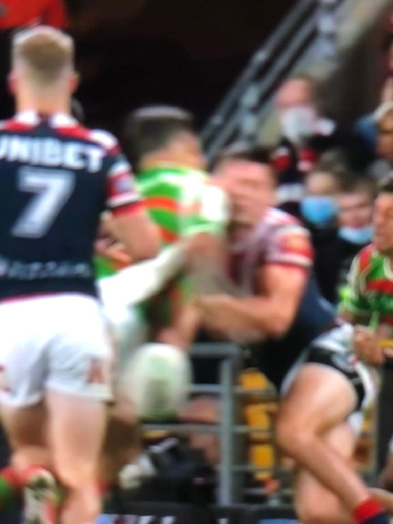 Roosters fans enjoyed reminding Latrell Mitchell of this ugly shot on Joey Manu.