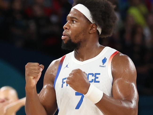 PARIS, FRANCE - AUGUST 08: Guerschon Yabusele #7 of Team France reacts during a Men's basketball semifinals match between Team France and Team Germany on day thirteen of the Olympic Games Paris 2024 at Bercy Arena on August 08, 2024 in Paris, France. (Photo by Ezra Shaw/Getty Images)