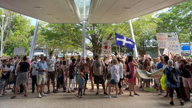 Anti-vaccine mandate protesters gather at the Cairns Regional Council meeting. Picture: Chris Calcino