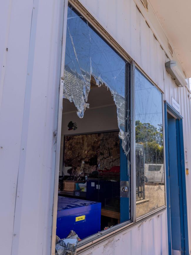 Damage to Happy Valley Primary School windows, which were smashed with hundreds of golf balls. Picture: Ben Clark