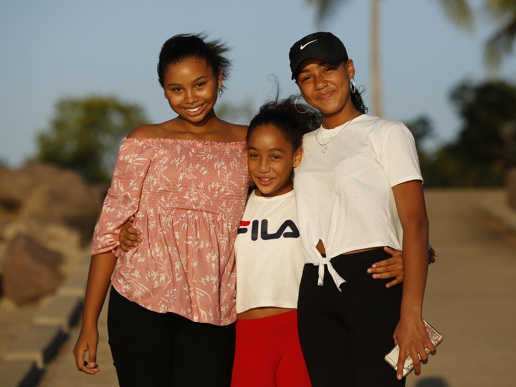 L to R, the Masters sisters, Georgia 12, Cameron 10 and Skyela 15 pictured on as Territorians gather along the shores of Darwin Harbour to celebrate Territory Day . Pic Glenn Campbell