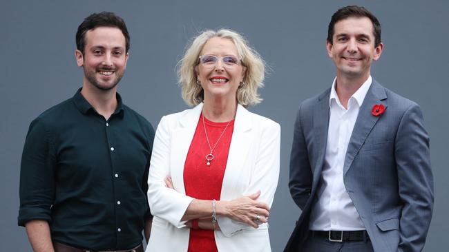 Brisbane Greens MP Stephen Bates alongside Labor candidate Madonna Jarrett and the Liberals’ Trevor Evans. Picture: Annette Dew