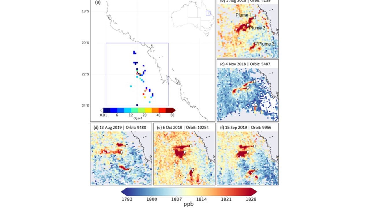 Researches from the Netherlands used the TROPOMI satellite to analyse methane blooms in the Bowen Basin which were coming from coal mines. Picture: Environmental Science and Technology, 2021, Volume 55.