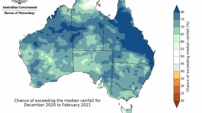 Chance of exceeding the median rainfall over summer. Picture: Bureau of Meteorology