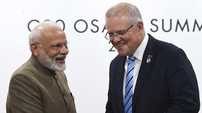 Scott Morrison and Indian Prime Minister Narendra Modi at the G20 summit in Japan in 2019. Picture: AAP