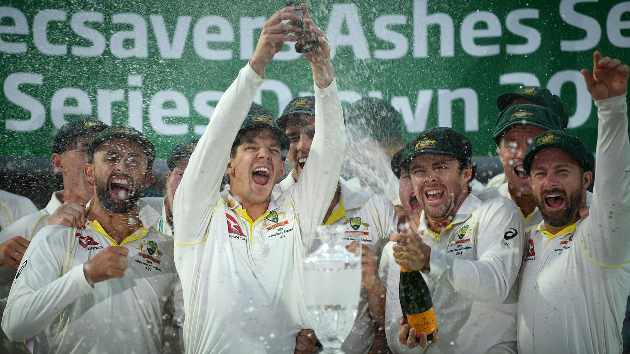 Australia celebrates winning the Ashes in 2019. Picture: Daniel Leal-Olivas/AFP/Getty