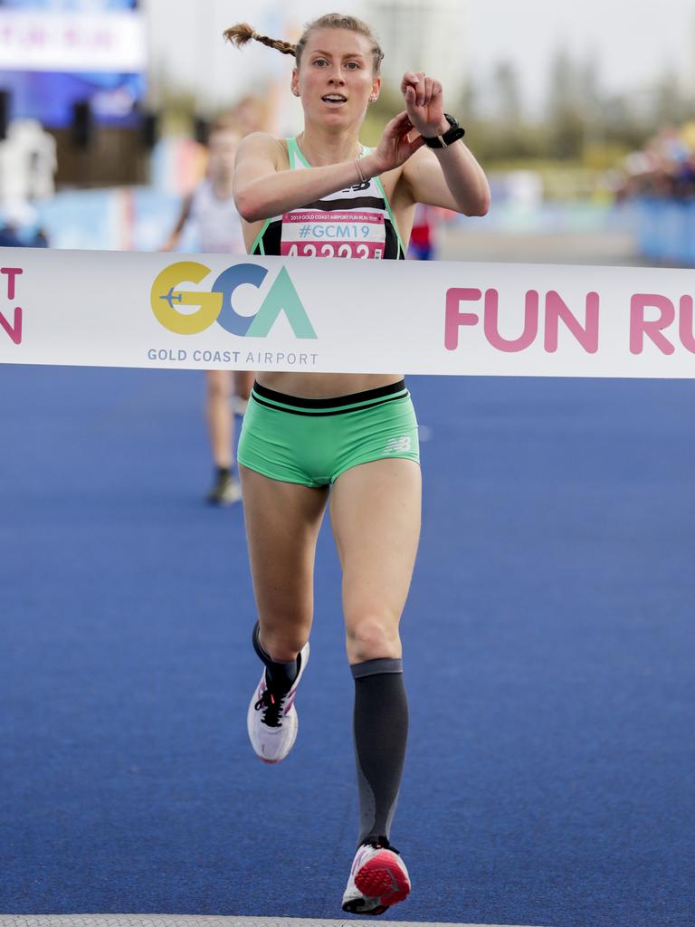 Jennifer Blundell is the first woman to finish the five kilometre Gold Coast Airport Fun Run. Picture: Tim Marsden.