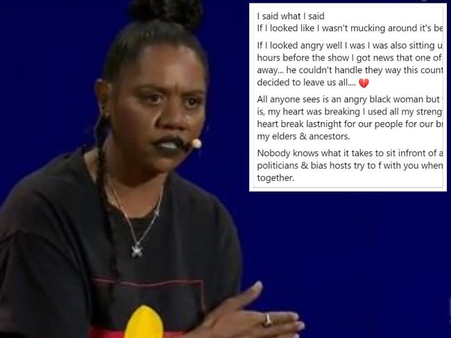 Natasha Wanganeen reveals she lost a family member for Q+A episode. Picture: ABC/Facebook