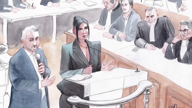 In this artist sketch, Kim Kardashian testifies regarding a robbery of millions of dollars in jewels from her Paris hotel room in 2016, in Paris, Tuesday, May 13, 2025. (AP Photo/Valentin Pasquier, File)