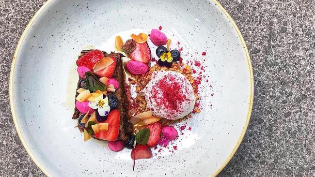 Bread and butter-free pudding with almond praline and beetroot cashew cream.