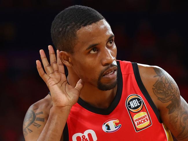 PERTH, AUSTRALIA - JANUARY 19: Bryce Cotton of the Wildcats plays to the crowd  during the round 16 NBL match between Perth Wildcats and Brisbane Bullets at RAC Arena, on January 19, 2024, in Perth, Australia. (Photo by James Worsfold/Getty Images)