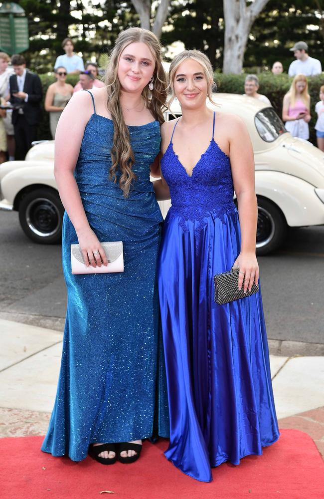 Jaz Bowsett and Karlie Loveday at Centenary Heights State High School formal. Picture; Patrick Woods.