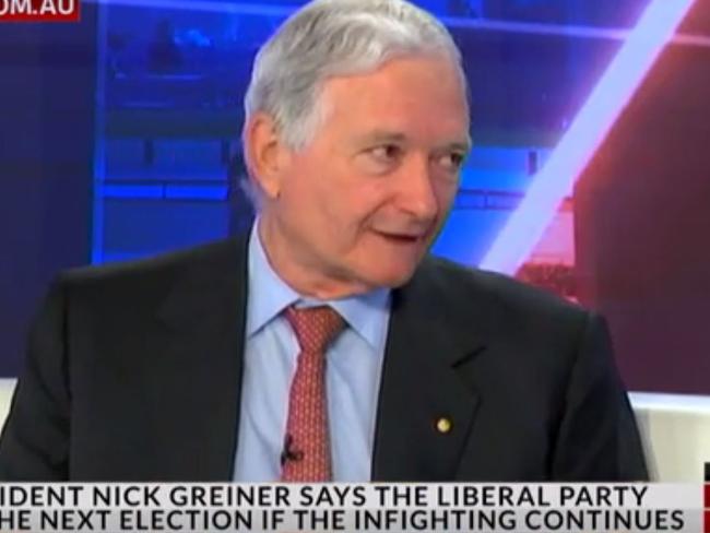 Liberal party president Nick Greiner told Sky News Tony Abbott and Malcolm Turnbull need to sort out their feud 'face-to-face'. Picture: Sky News