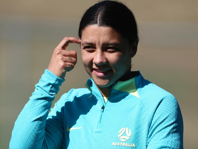 BRISBANE, AUSTRALIA - JULY 26: Sam Kerr walks during an Australia Matilda's training session during the FIFA Women's World Cup Australia & New Zealand 2023 at Perry Park on July 26, 2023 in Brisbane, Australia. (Photo by Chris Hyde/Getty Images)