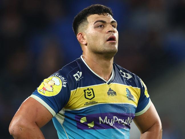 GOLD COAST, AUSTRALIA - JULY 16: David Fifita of the Titans looks on after losing the round 18 NRL match between the Gold Coast Titans and the Brisbane Broncos at Cbus Super Stadium, on July 16, 2022, in Gold Coast, Australia. (Photo by Chris Hyde/Getty Images)